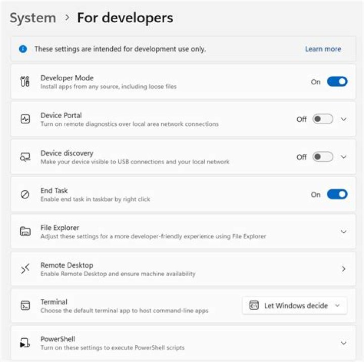 Developer settings