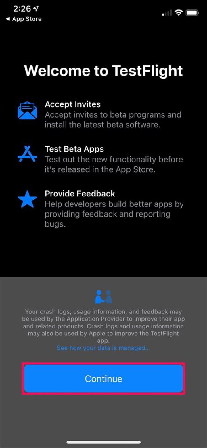 screenshot of empty TestFlight