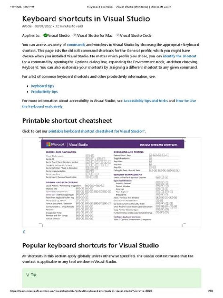 Screenshot of Visual Studio keyboard shortcuts