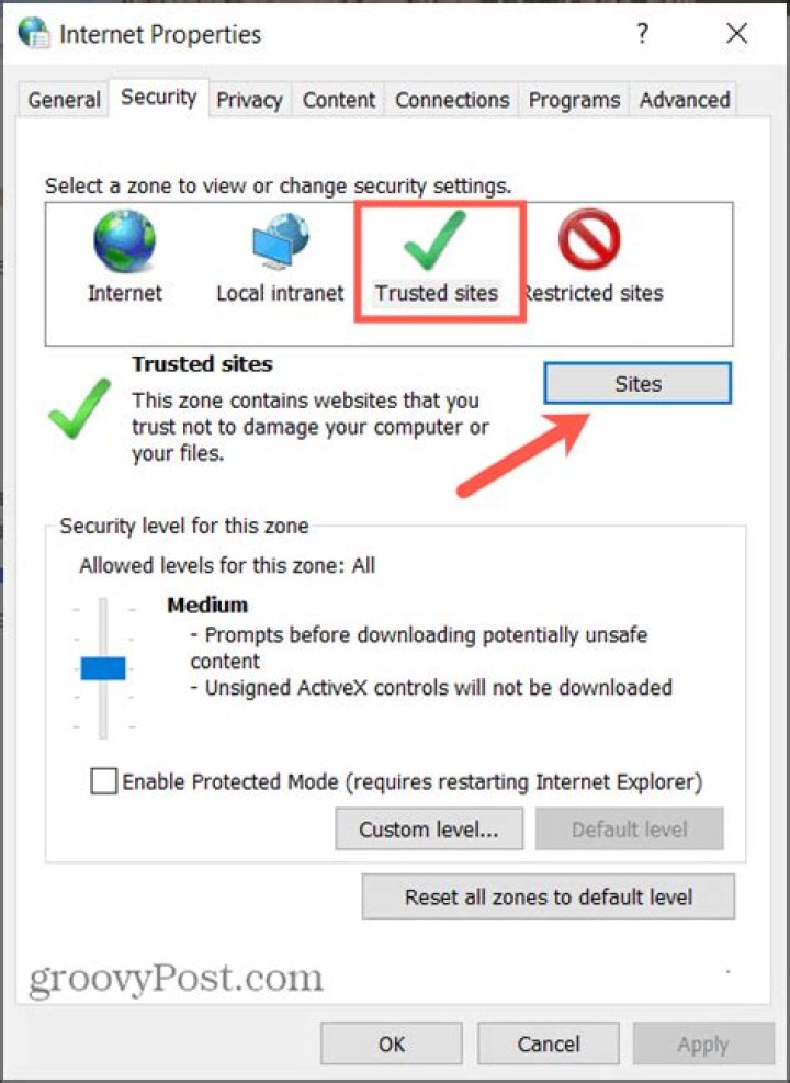 Trusted Sites option on Internet properties from Windows 10
